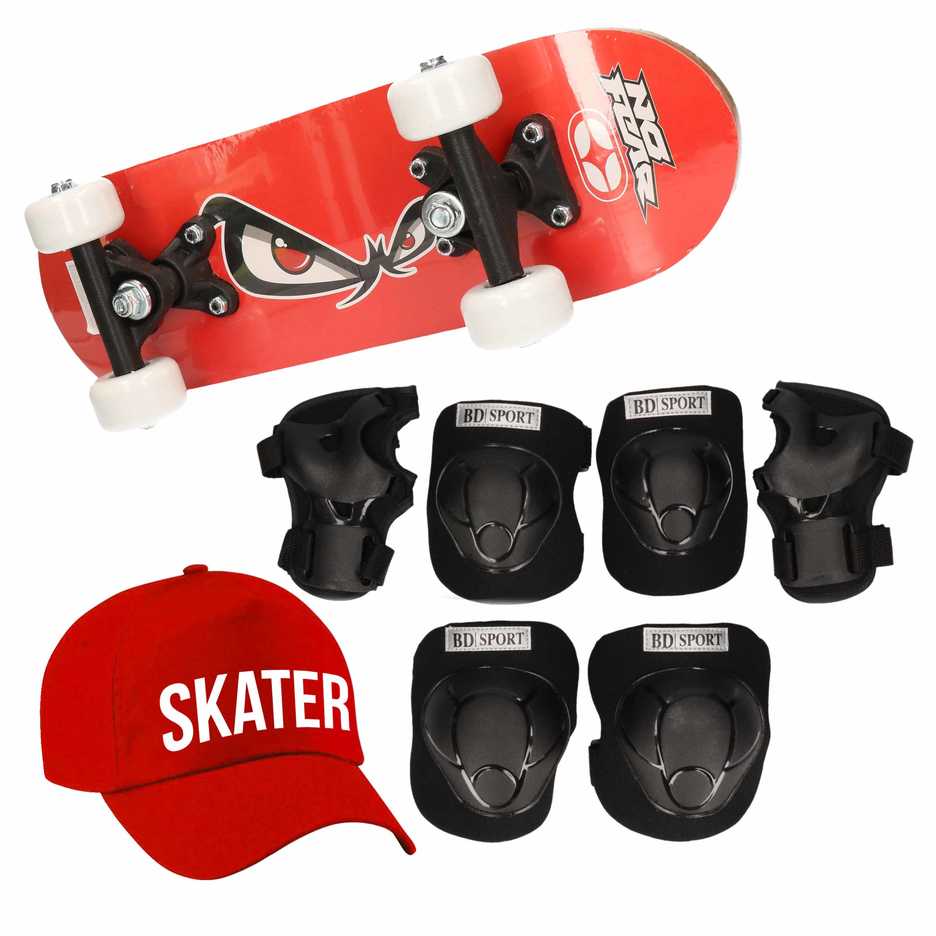 Skateboard set voor kinderen L 9-10 jaar/valbescherming/skater pet/skateboard met print 43 cm rood