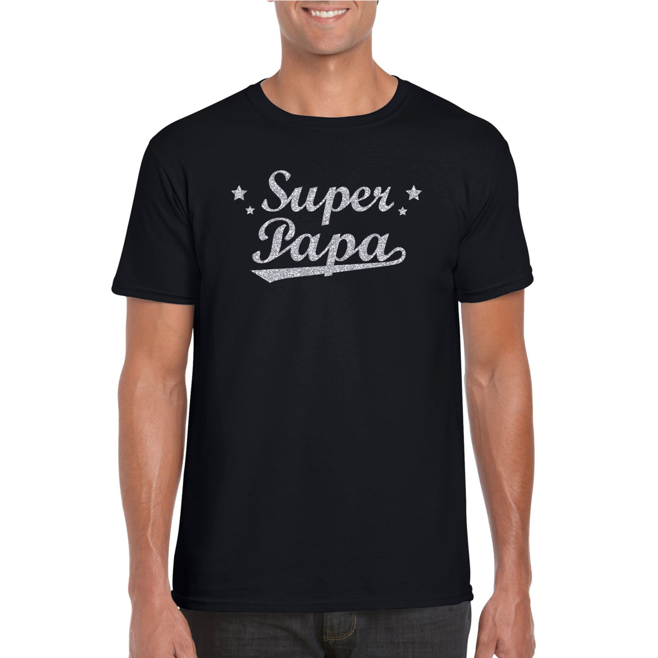 Super papa cadeau t shirt met zilveren glitters op zwart voor heren