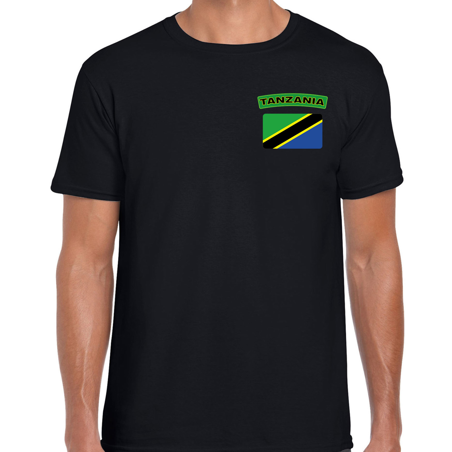 Tanzania t shirt met vlag zwart op borst voor heren