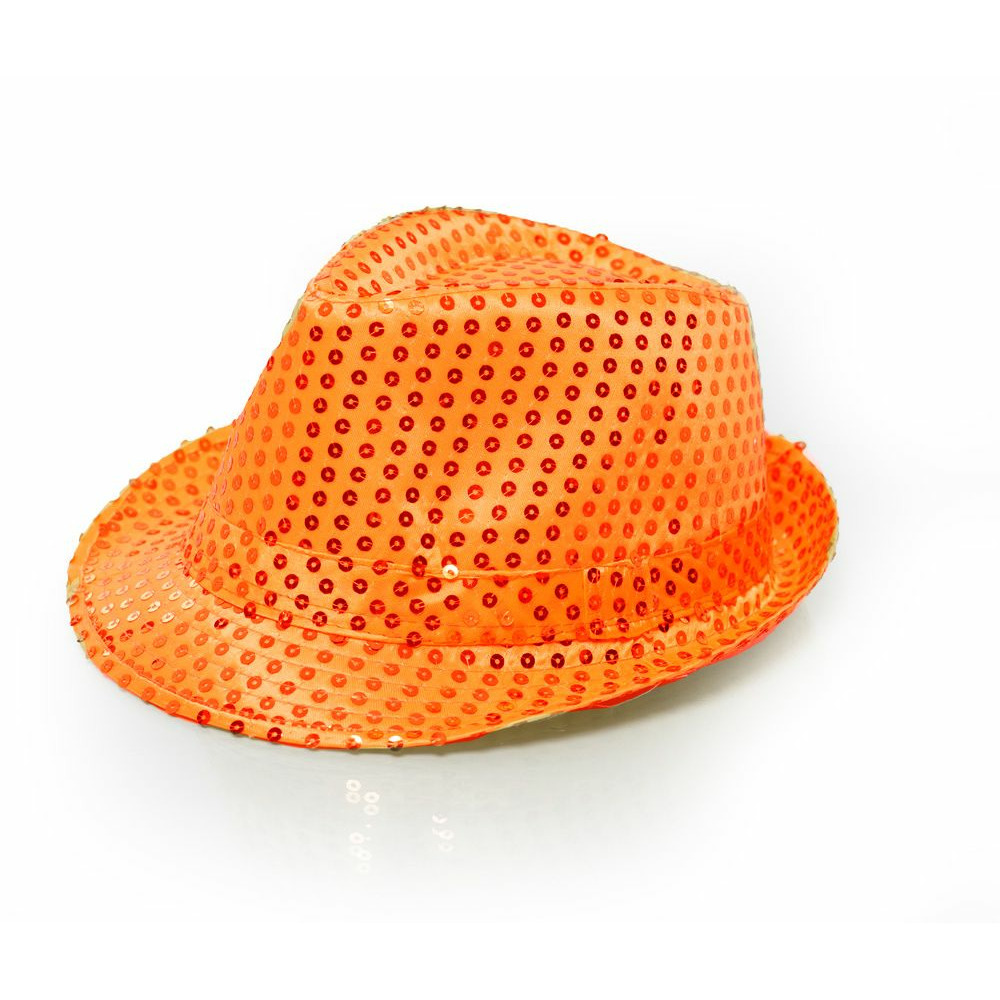 Trilby verkleed hoed met pailletten oranje glitters volwassenen Koningsdag