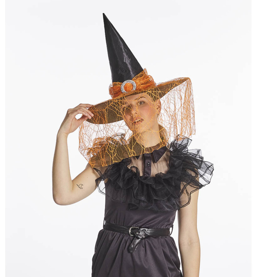 Verkleed heksenhoed met sluier zwart oranje voor volwassenen Halloween hoofddeksels