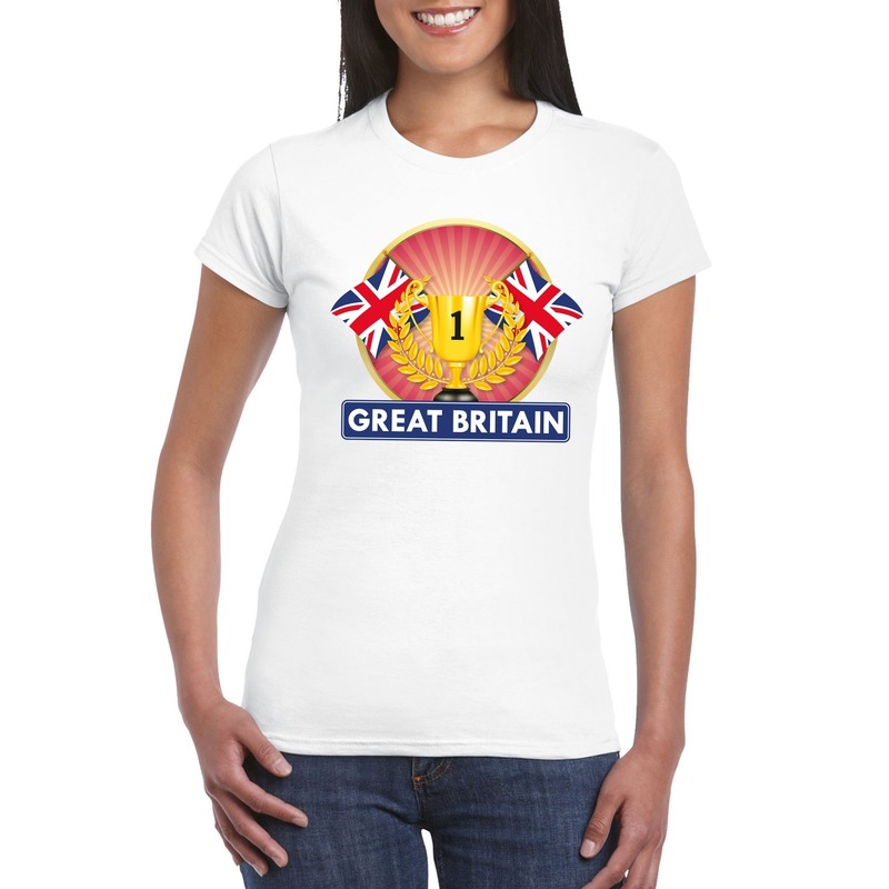 Wit groot brittannie/ engeland kampioen t shirt voor dames. op dit shirt staat een grote kampioen beker met ...