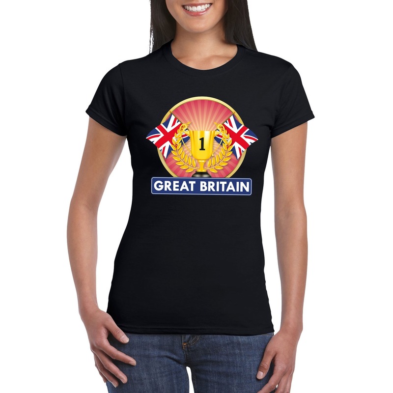 Zwart groot brittannie/ engeland kampioen t shirt voor dames. op dit shirt staat een grote kampioen beker met ...