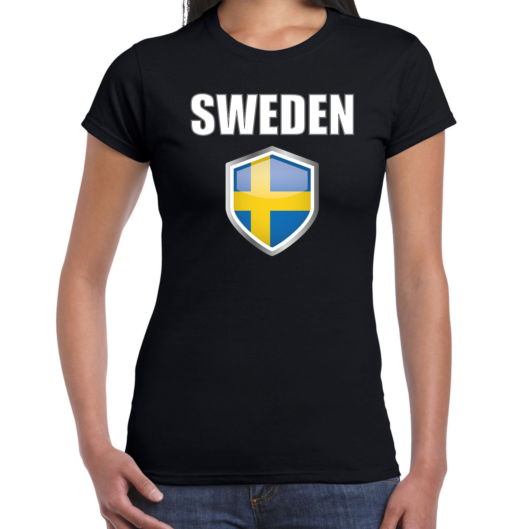 Zweden landen supporter t shirt met Zweedse vlag schild zwart dames