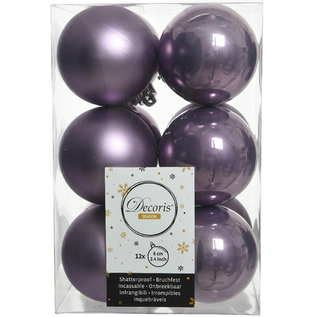 24x Plastic christmas baubles brown and lilac purple 6 cm 