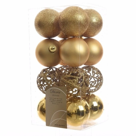 16x stuks kunststof kerstballen 6 cm incl. ster piek goud