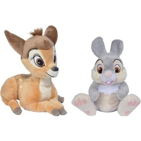2x Herten/konijnen speelgoed artikelen Disney Bambi en Stampertje knuffelbeest bruin 18/24 cm