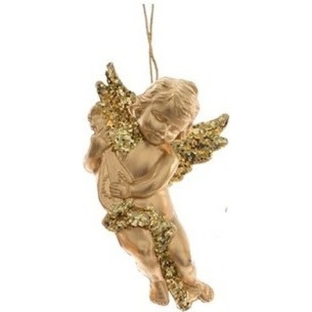 2x Gouden engelen met lute kerstversiering hangdecoratie 10 cm