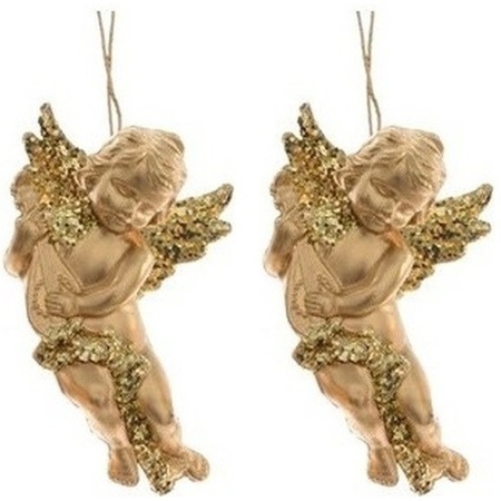 2x Gouden engelen met lute kerstversiering hangdecoratie 10 cm
