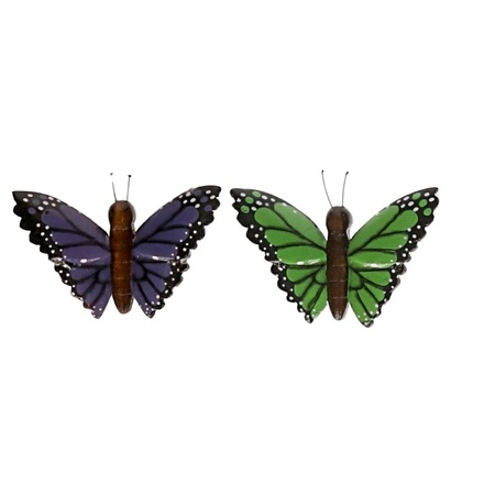 2x Houten dieren magneten groene en paarse vlinder