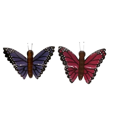 2x Houten dieren magneten paarse en roze vlinder