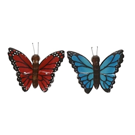 2x Wooden magnets butterfly red and blue
