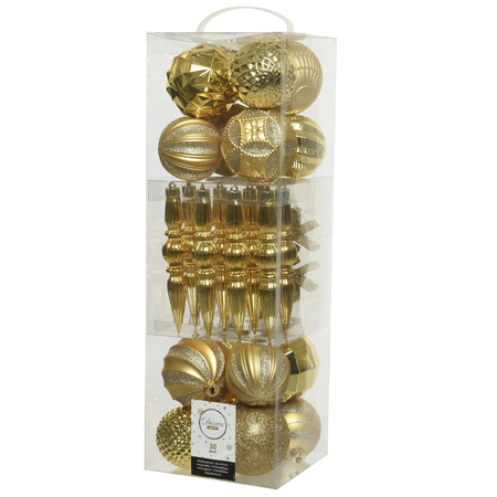 Decoris 30x st kunststof kerstballen, ornamenten en piek goud 