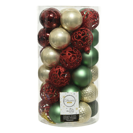 37x stuks kunststof kerstballen parel/rood/donkergroen/salie groen 6 cm 