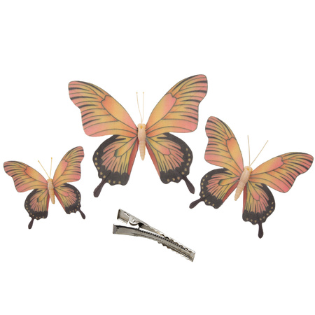 3x stuks decoratie vlinders op clip - geel/roze - 3 formaten - 12/16/20 cm