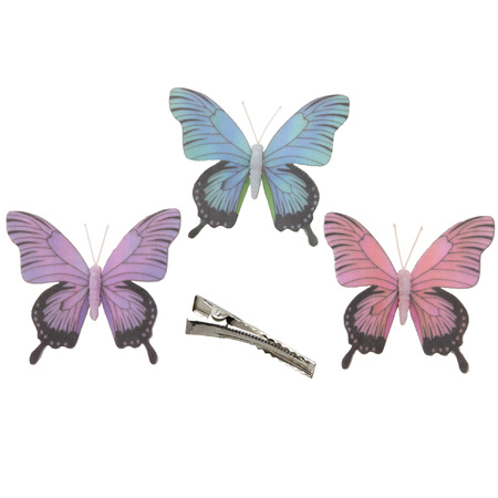 3x stuks decoratie vlinders op clip - paars/blauw/roze - 12 cm