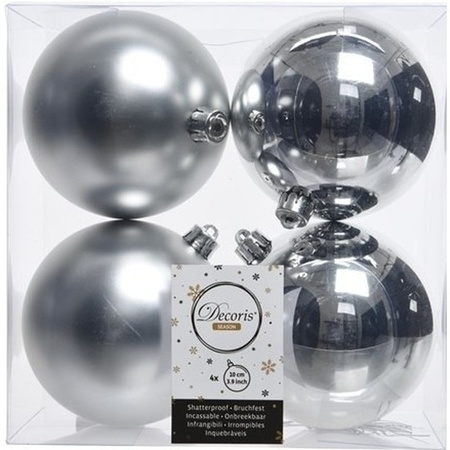 4x Silver Christmas baubles 10 cm plastic matte/shiny