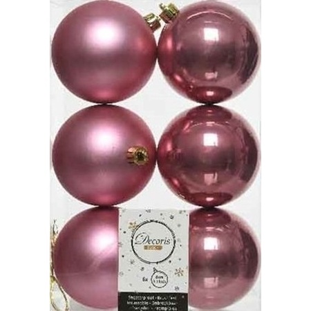 12x stuks kunststof kerstballen 8 cm mix van parelmoer wit en velvet roze