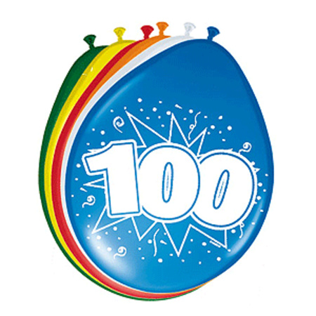 Verjaardag feestversiering 100 jaar PARTY letters en 16x ballonnen met 2x plastic vlaggetjes