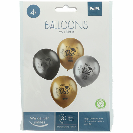 Balloons graduated theme - 4x - grey/silver/gold - latex - 33 cm
