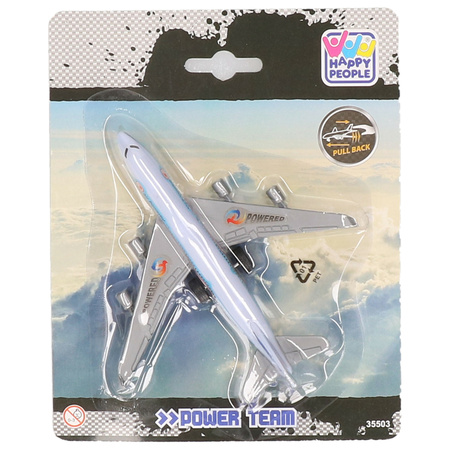 Blauw/wit speelgoed vliegtuig met pull-back functie 14 cm