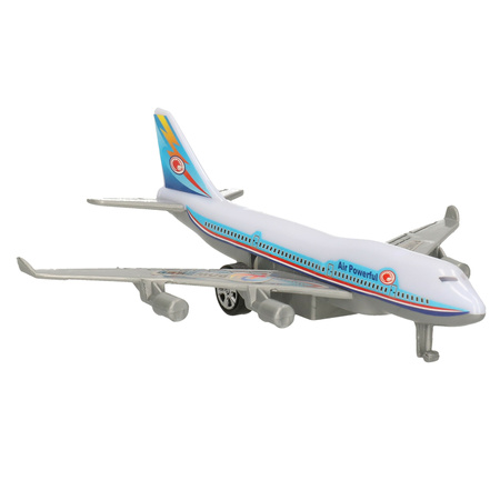 Blauw/wit speelgoed vliegtuig met pull-back functie 14 cm