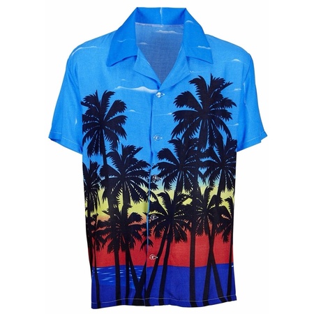Blue Hawaiian dress up shirt with palmtree print for men
