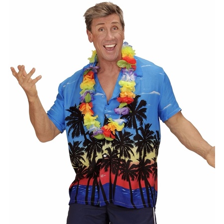 Blue Hawaiian dress up shirt with palmtree print for men