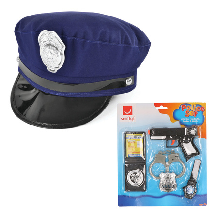 Carnival costume police officer set - cap blue - gun/badge/handcuffs set