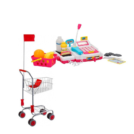 Toy cash register with accessories and cart for kids