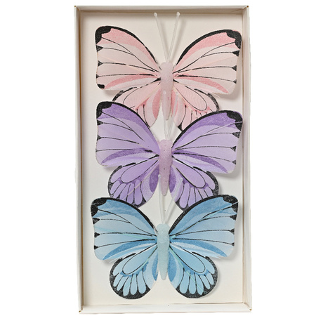 Decoratie vlinders op draad - 3x - gekleurd - 8 x 6 cm