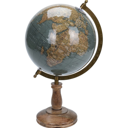 Decoratie wereldbol/globe blauw op mangohouten voet 23 x 38 cm