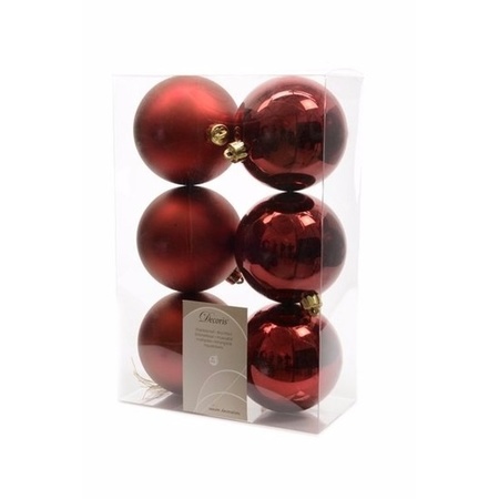 12x Christmas baubles mix of dark red and black 8 cm plastic matte/shiny