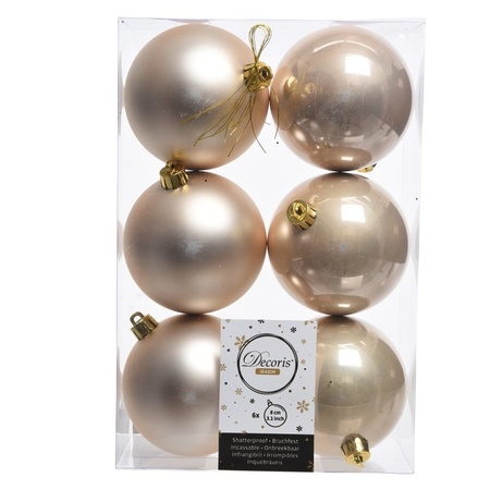 12x stuks kunststof kerstballen 8 cm mix van lichtroze en champagne