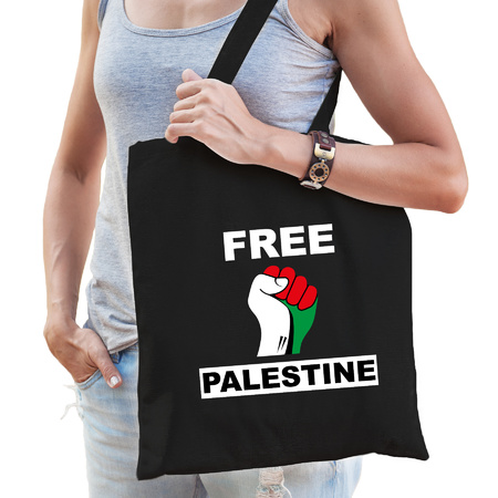 Free Palestine katoenen tasje zwart heren - Palestina tas met Palestijnse vlag in vuist