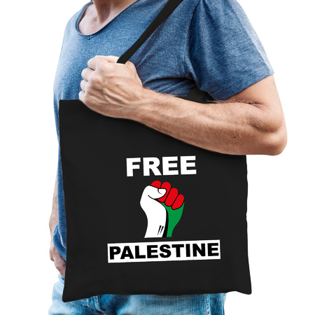 Free Palestine katoenen tasje zwart heren - Palestina tas met Palestijnse vlag in vuist