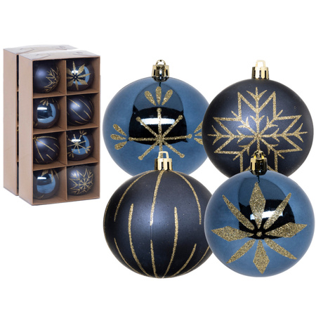 Gedecoreerde kerstballen - 8x st - 8 cm - kunststof - blauw/goud