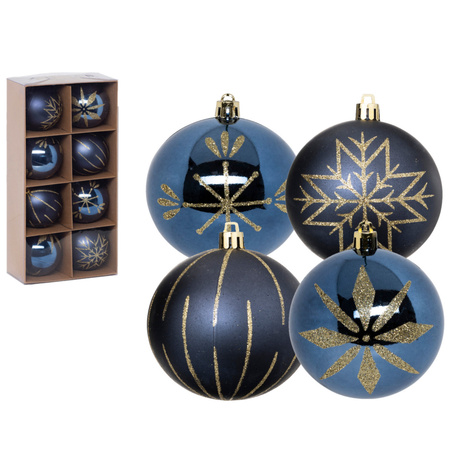 Decorated christmas baubles 8x pcs plastic blue/gold 8 cm