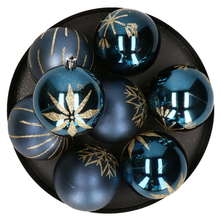 Decorated christmas baubles 8x pcs plastic blue/gold 8 cm