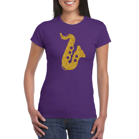Gouden saxofoon / muziek t-shirt / kleding paars dames