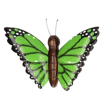 2x Houten dieren magneten groene en roze vlinder