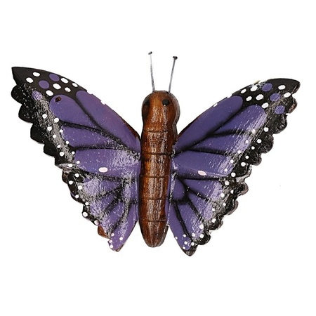 2x Houten dieren magneten blauwe en paarse vlinder