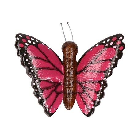 2x Houten dieren magneten paarse en roze vlinder