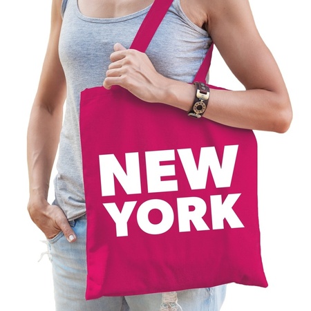Katoenen Amerika/wereldstad tasje New York roze  
