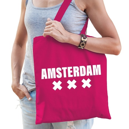 Katoenen Holland/wereldstad tasje Amsterdam roze