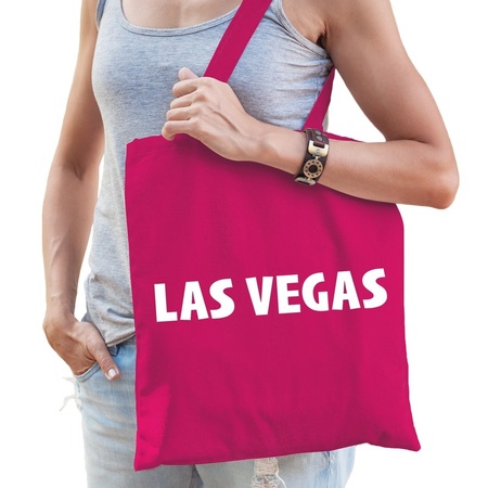 Katoenen USA/wereldstad tasje Las Vegas roze