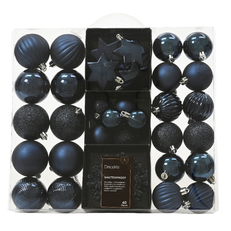 Kerstballen en ornamenten - 40x - kunststof - donkerblauw - mix