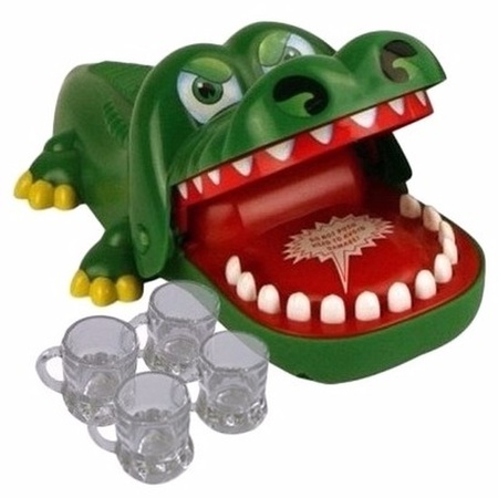 Crocodile drinking game with 4 shot glasses