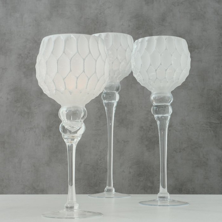 Luxe glazen design kaarsenhouders/windlichten set van 3x stuks zilver/wit 30-40 cm