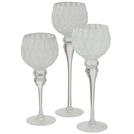 Luxe glazen design kaarsenhouders/windlichten set van 3x stuks zilver/wit 30-40 cm